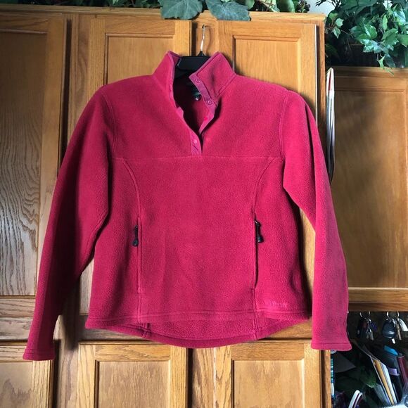 LL Bean Women’s Vintage 1/4 Snap Fleece Pullover Sweater Pockets Pop of Red - S - Picture 2 of 12